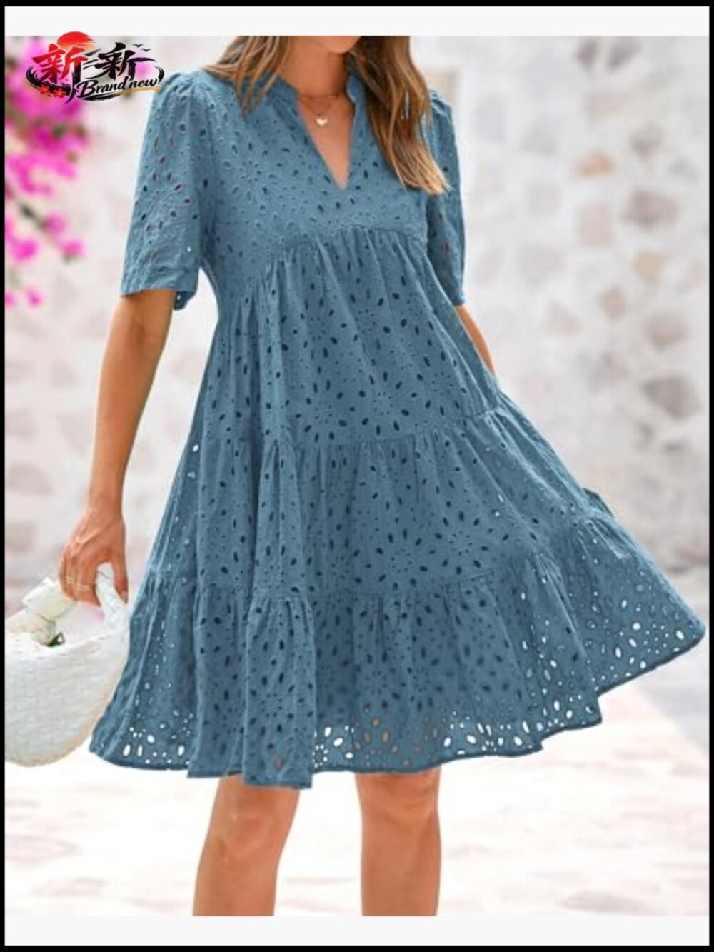 Boho V-Neck Mini Dress Short Sleeve Hollow Out Lace Ruffle Casual Beach - Picture 5 of 7